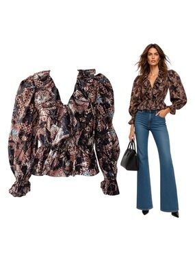 $295 ULLA JOHNSON Kalila Blouse Rosewood Floral Print Long Sleeve Top Size 6
